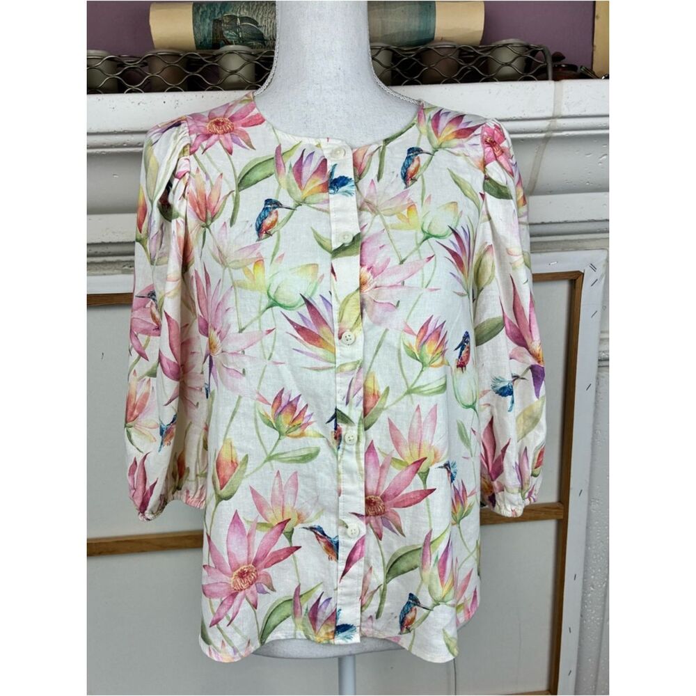 H&M NWOT Bird& Flower Delicate print, full sleeves Linen Blend